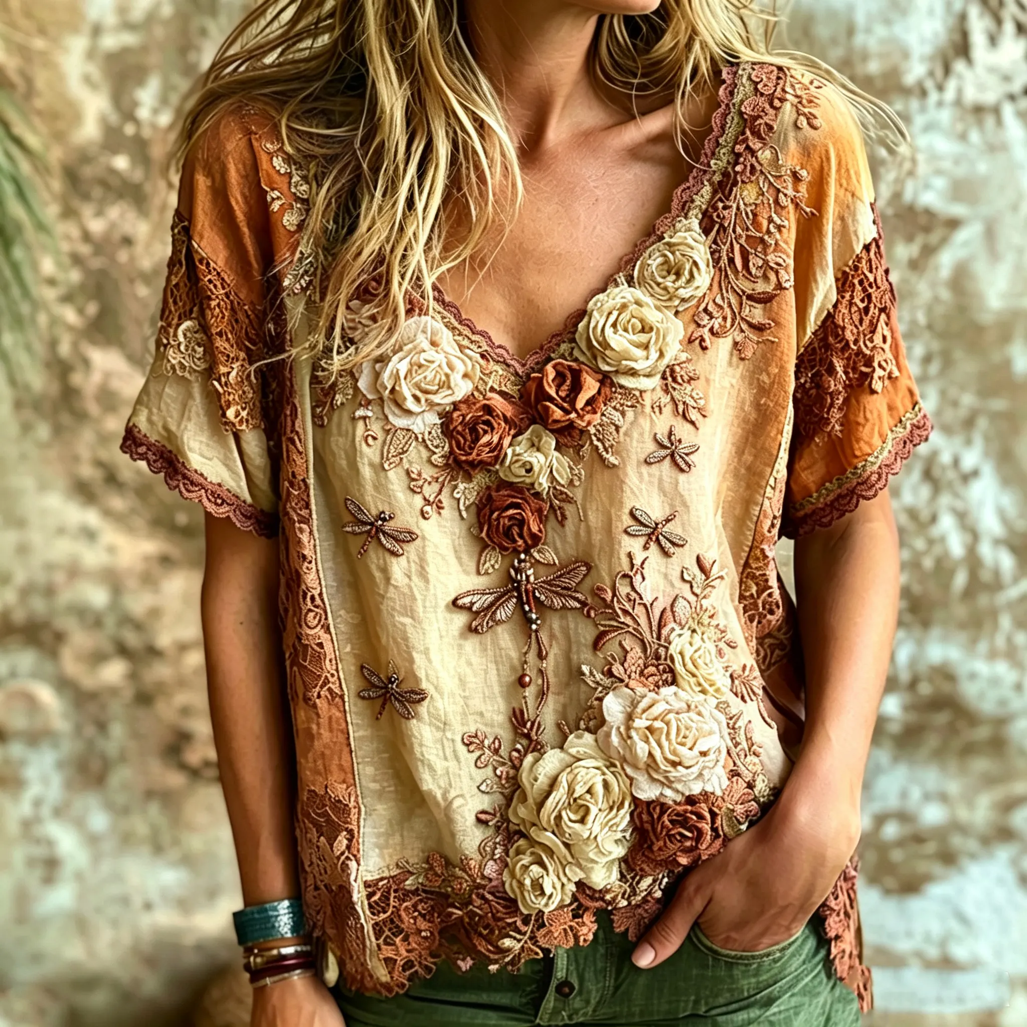 Women's Vintage Bohemian Rose And Dragonfly Embroidered Print Top