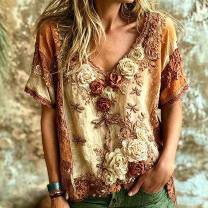 Women's Vintage Bohemian Rose And Dragonfly Embroidered Print Top