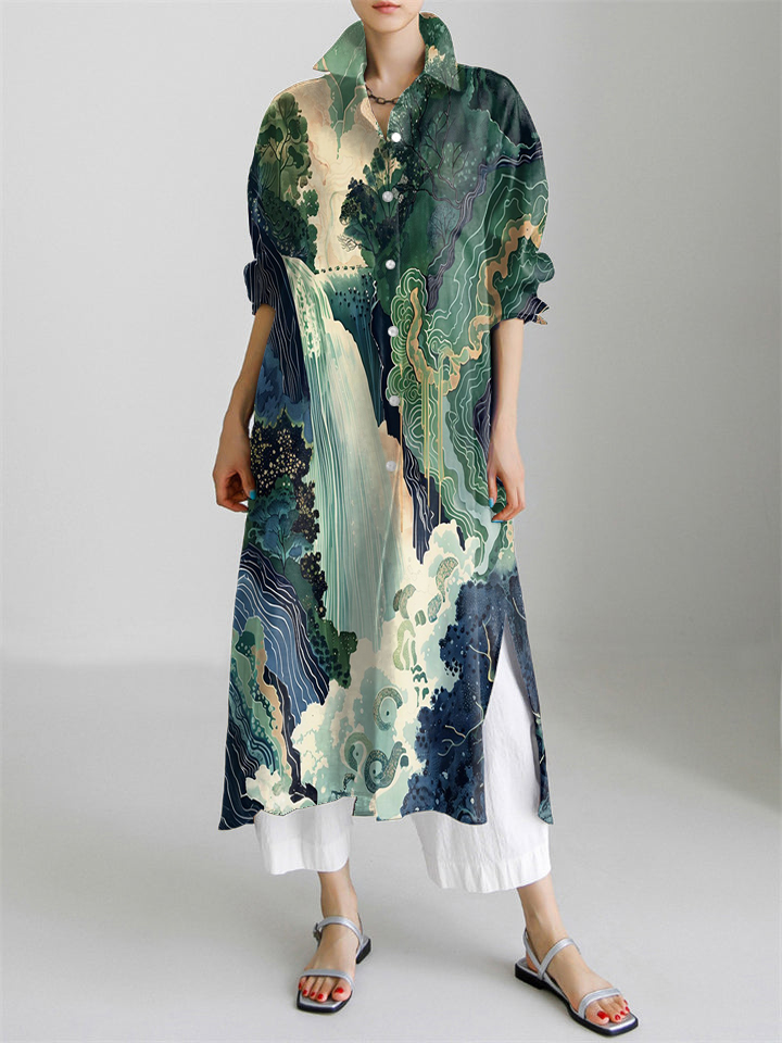 Hokusai Ukiyo-e Japanese Waterfall Art Landscape Print Long Sleeve Slit Shirt Dress