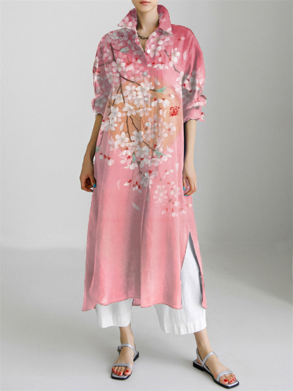 Cherry Blossom Full Moon Japanese Art Pattern Long Sleeve Slit Shirt Dress