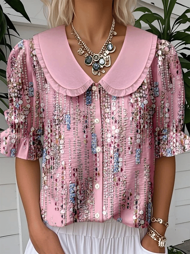 Women's Vintage Botanical Floral Design Print Doll Collar Casual Shirt