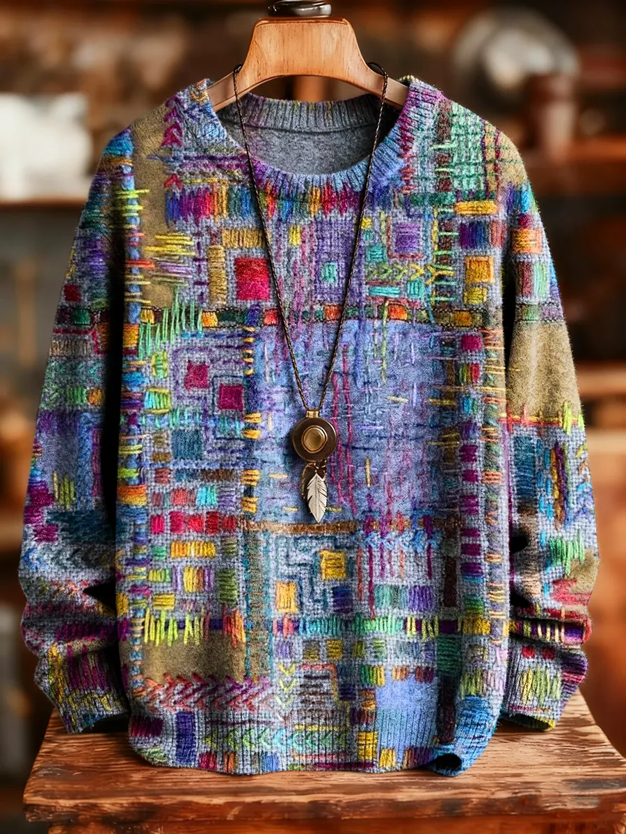 Unisex Ethnic Patchwork Art Print Crew Neck Knit Sweater