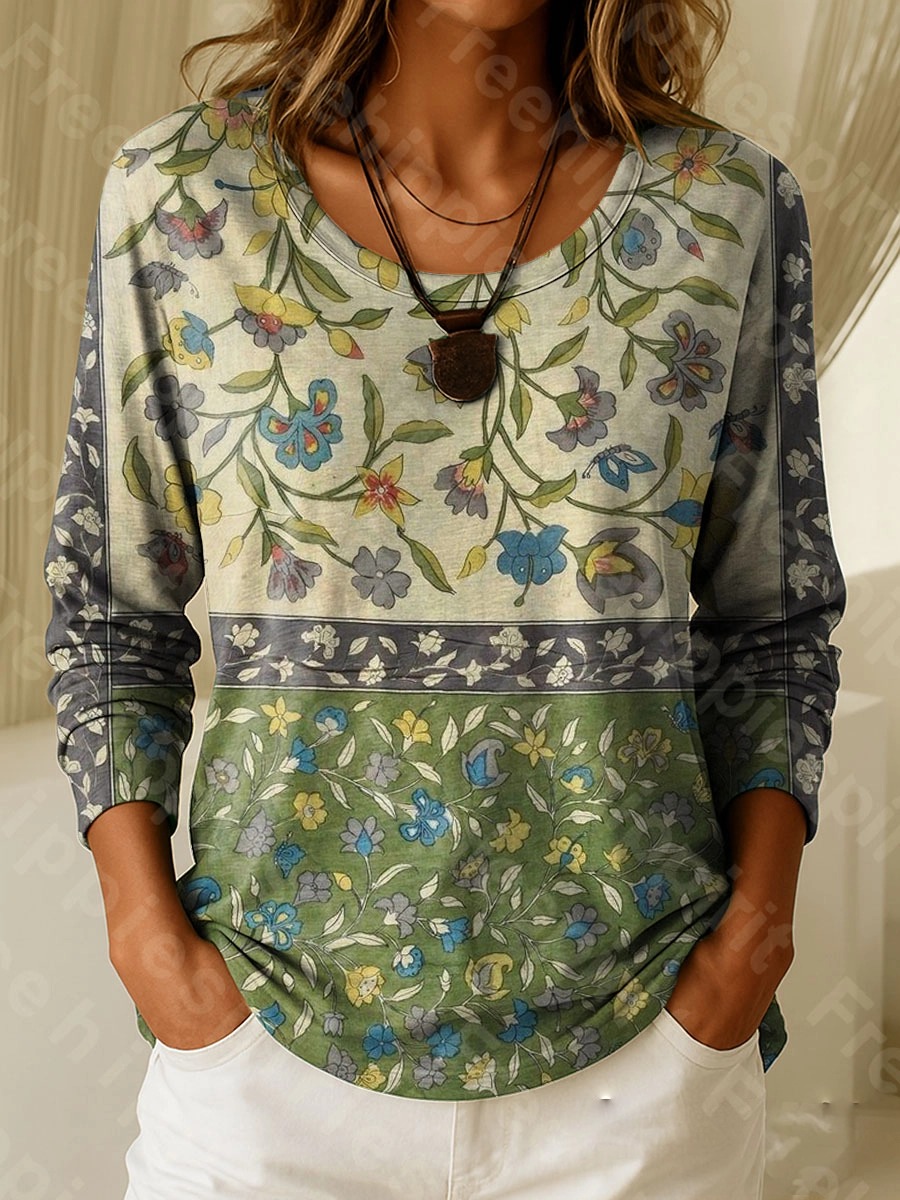 Women's Vintage Floral Pattern Art Print Casual T-Shirt