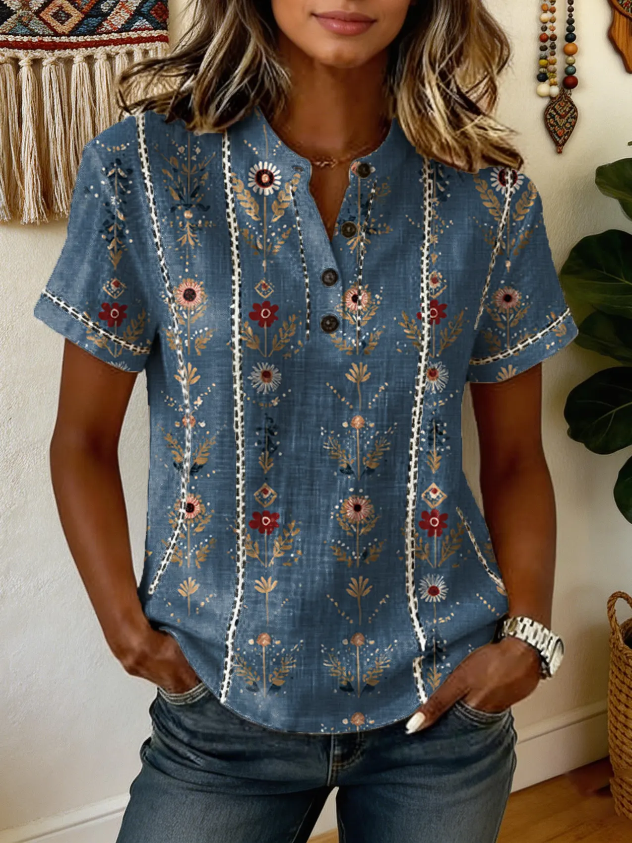Women's Vintage Ethnic Floral Print Artistic Openwork Cotton-linen Short-sleeve Top