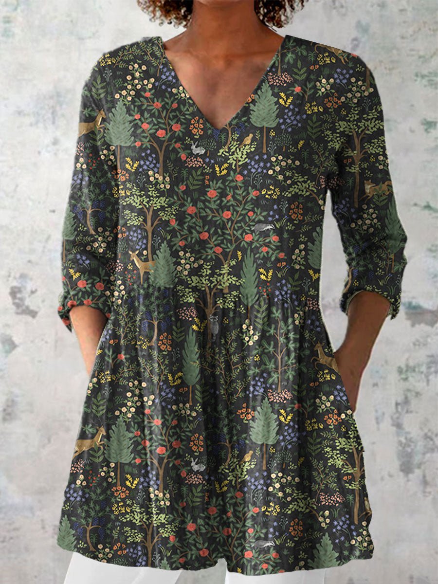 Women's Casual Forest Animal Plant Flower Cotton And Linen Shirt