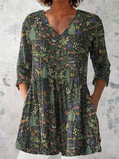 Women's Casual Forest Animal Plant Flower Cotton And Linen Shirt
