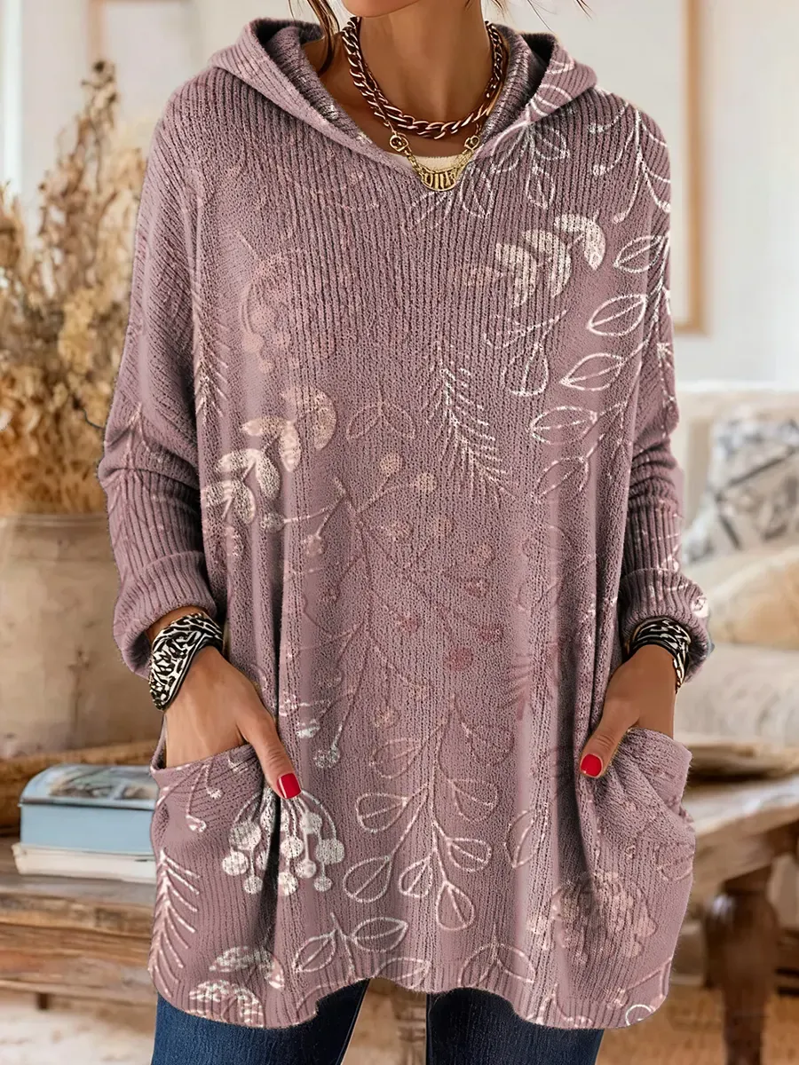 Women's Ethnic Floral Art Print Casual Knitted Pocket Hooded Tunic Top
