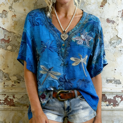 Women's Dragonfly And Floral Art  Flowy Linen Blend Short Sleeve Tops
