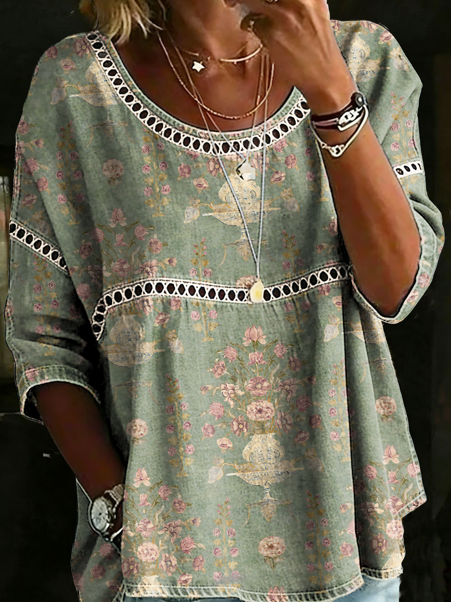 Women's Vintage Flower Casual Loose Denim Blouse Shirt