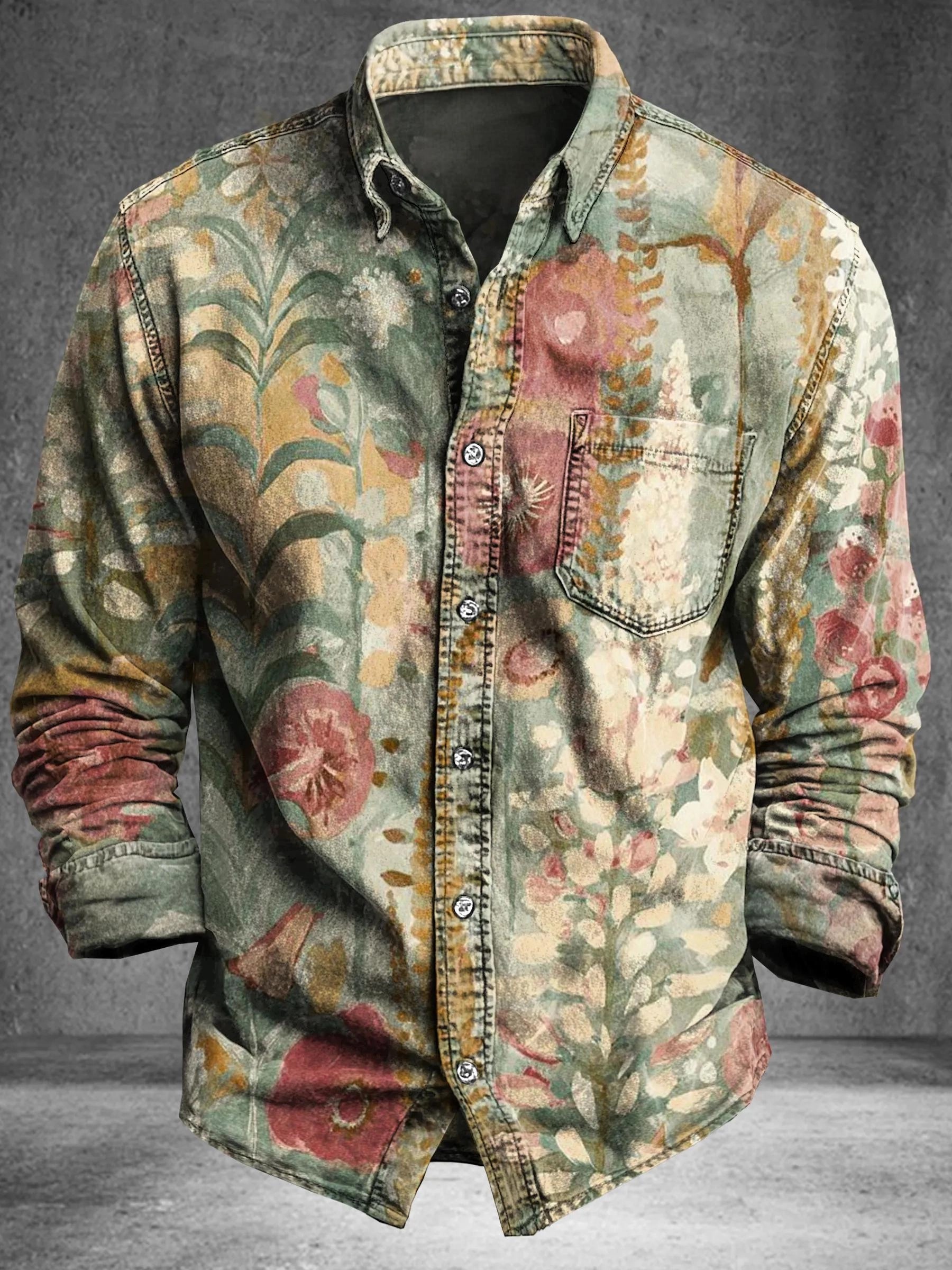 Vintage Abstract Ethnic Floral Totem Art Print Cotton Long Sleeve Shirt