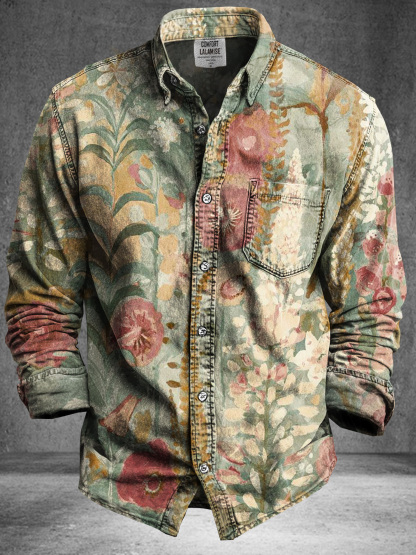 Vintage Abstract Ethnic Floral Totem Art Print 100% Cotton Long Sleeve Shirt