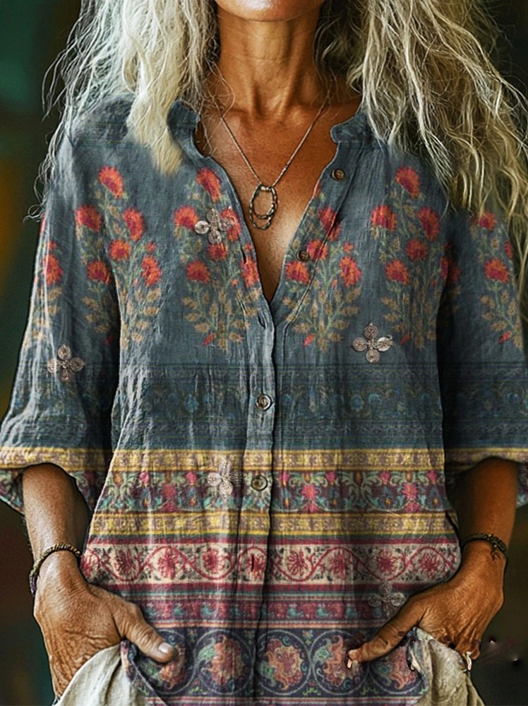 Women's Vintage Ethnic Floral Collage Print Casual Cotton Linen Shirt