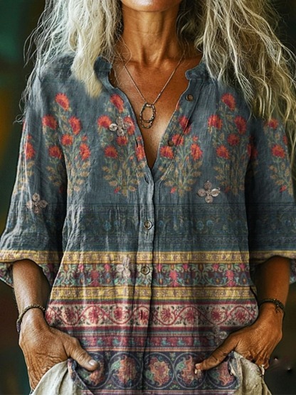 Women's Vintage Ethnic Floral Collage Print Casual Cotton Linen Shirt
