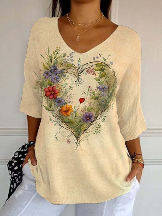 Women's Casual Retro Leaf Floral Heart Striped T-Shirt