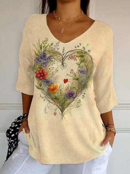 Women's Casual Retro Leaf Floral Heart Striped T-Shirt