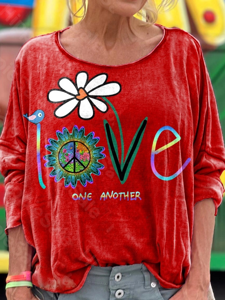 Women's Hippie Love Floral Art Pattern Round Neck Long Sleeve T-shirt