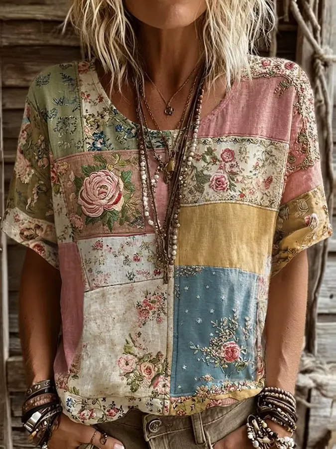 Women's Floral Patchwork Cotton Blouse