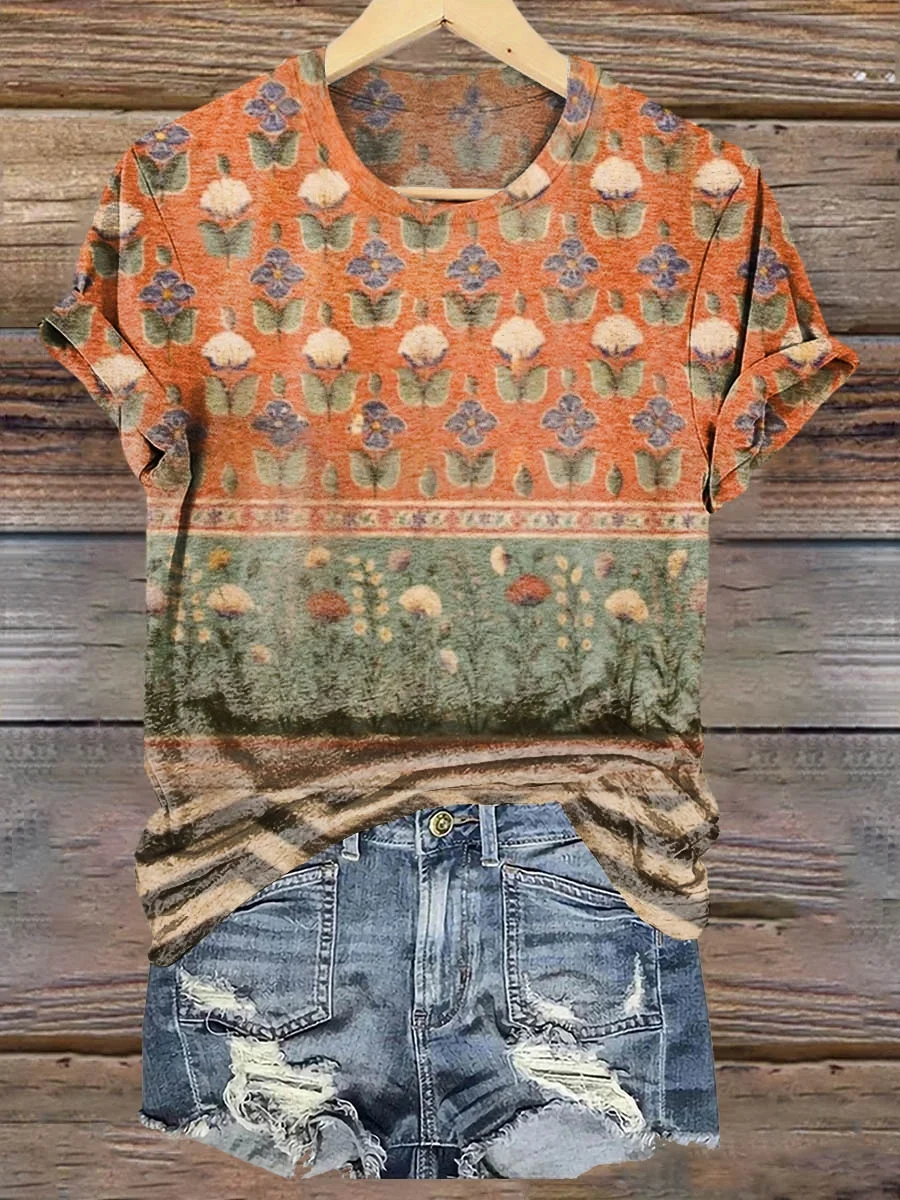 Women's Vintage Floral Collage Art Pattern Print Casual Cotton And Linen Shirt