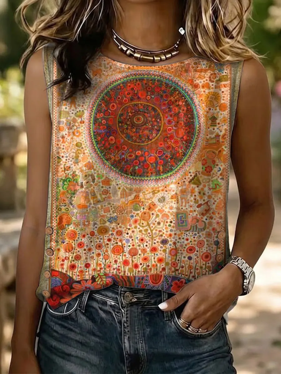 Ethnicity Abstract Geometry Pattern Women's Casual Button-down Tank Top