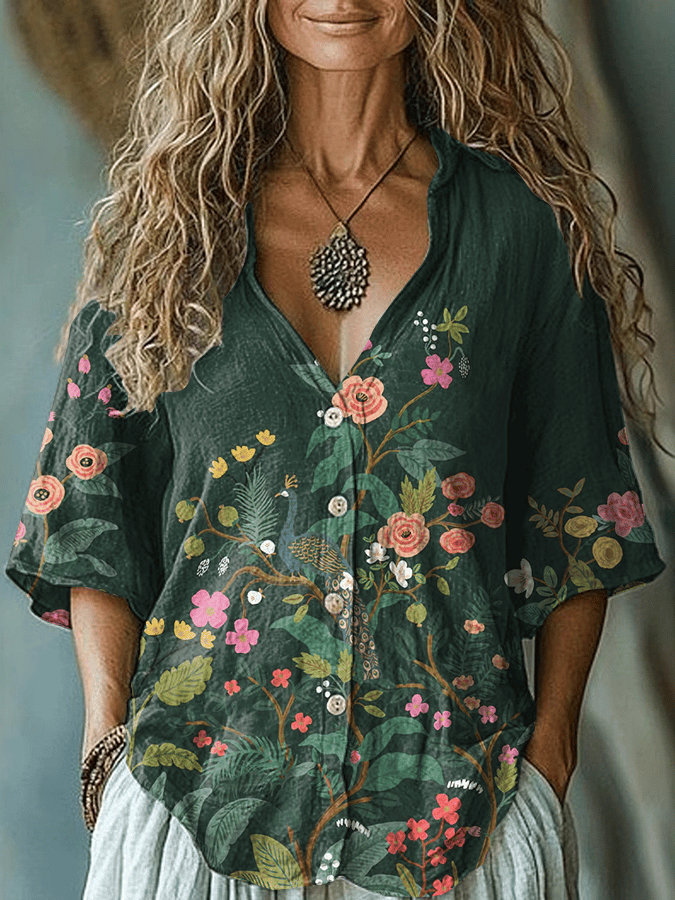 Women's Forest Floral Print Lapel Mid-Sleeve Casual Shirt