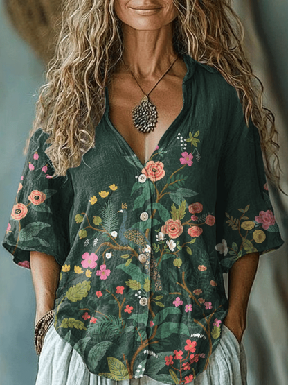 Women's Forest Floral Print Lapel Mid-Sleeve Casual Shirt
