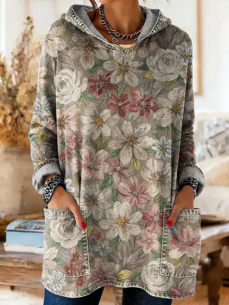 Women's Vintage Ethnic Floral Pattern Art Print Hooded Long Sleeve wit
