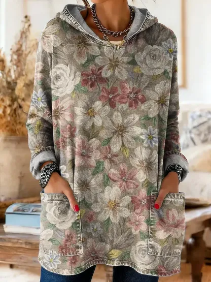 Women's Vintage Ethnic Floral Pattern Art Print Hooded Long Sleeve with Pockets