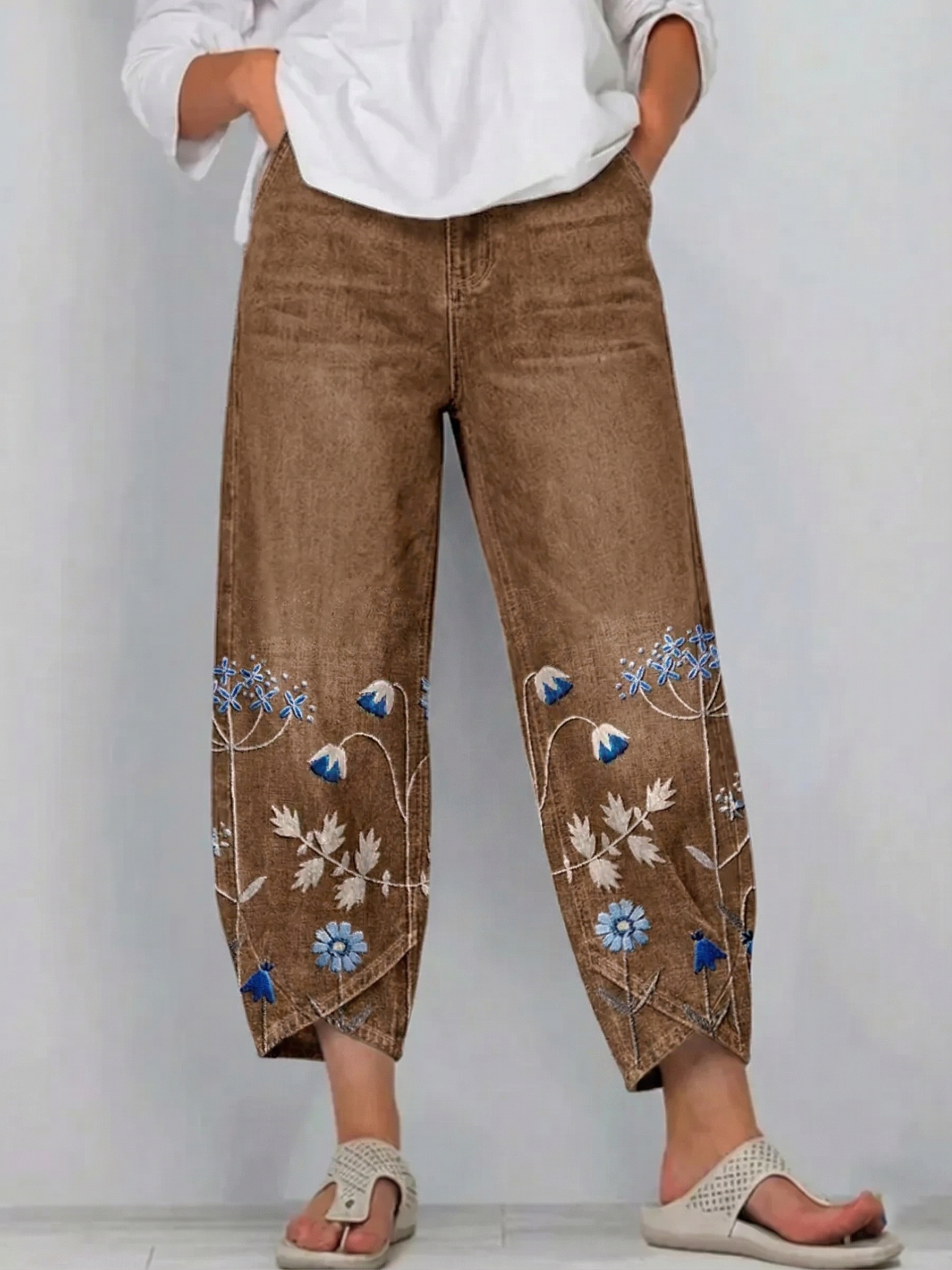 Ethnicity Bohemia Flowers Women's Art Pattern Print Casual Denim Cotton Pants