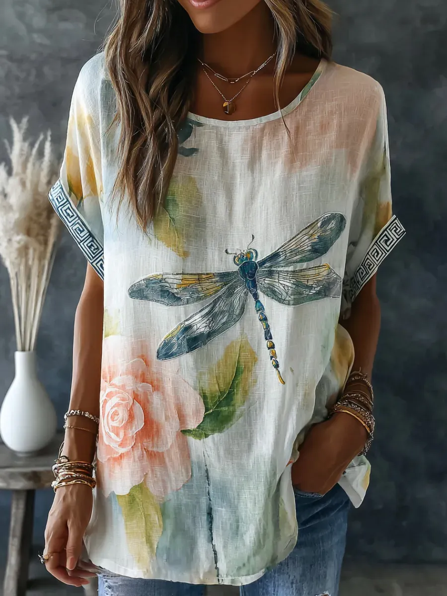 Floral and Dragonfly Watercolor Print Women's Linen Shirt