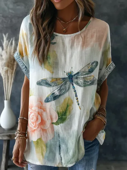 Floral and Dragonfly Watercolor Print Women's Linen Shirt