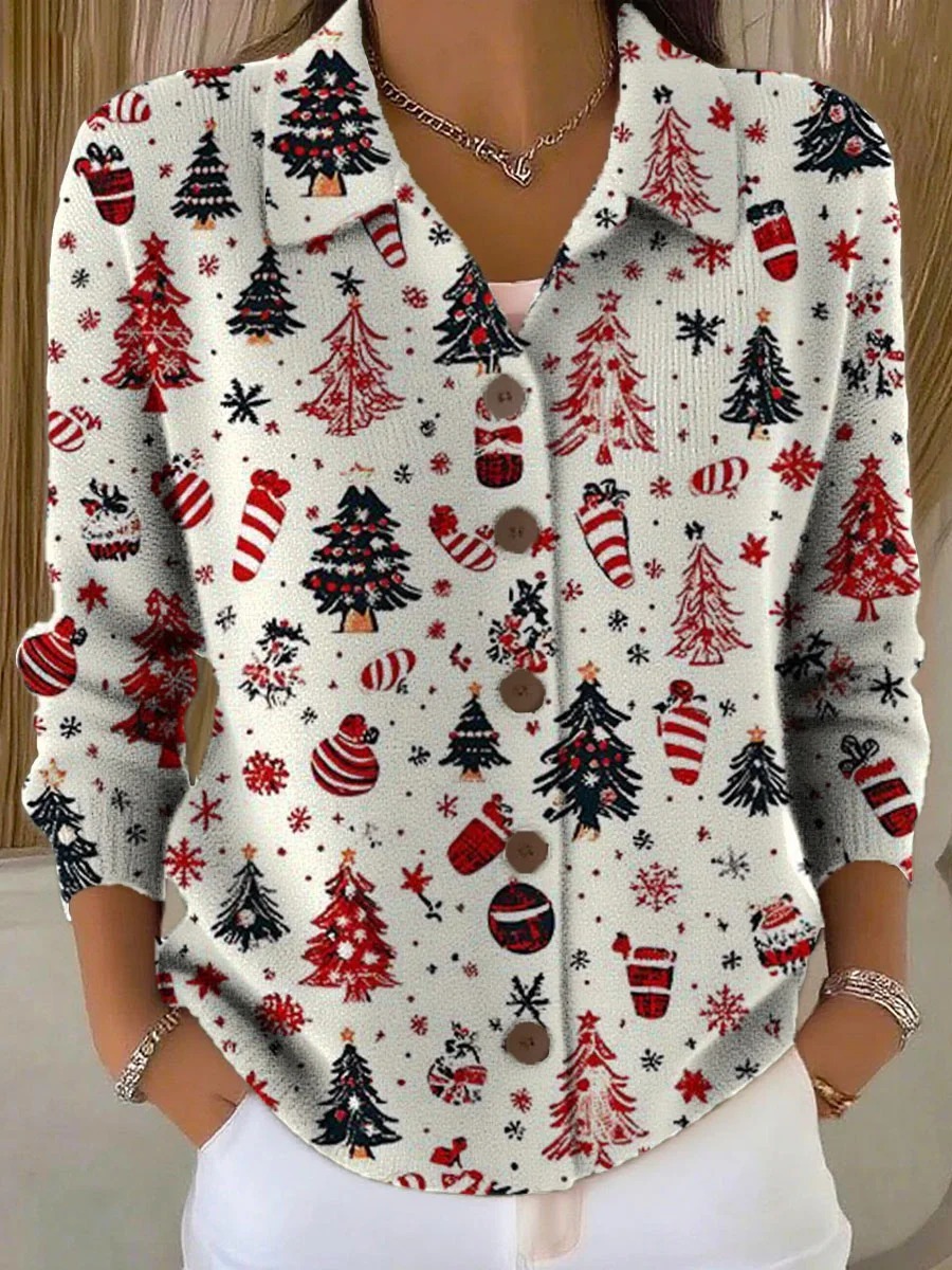 Women's Christmas Tree Art Print Buttoned Cardigan Sweater