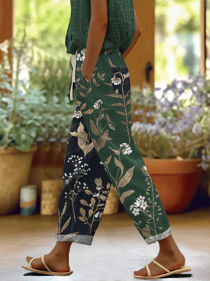 Women's Forest Floral Contrast Print Casual Pants (With Pockets)