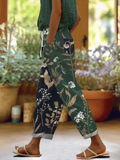 Women's Forest Floral Contrast Print Casual Pants (With Pockets)