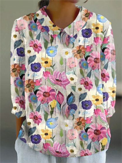 Women's Vintage Floral Art Print Casual Cotton And Linen 3/4 Sleeve Shirt