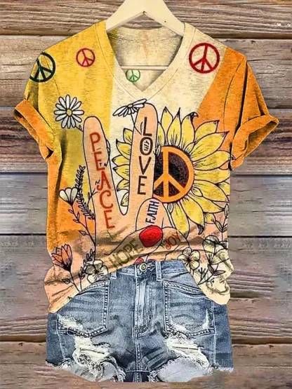Women's Hippie Art Print Casual Cotton And Linen Shirt