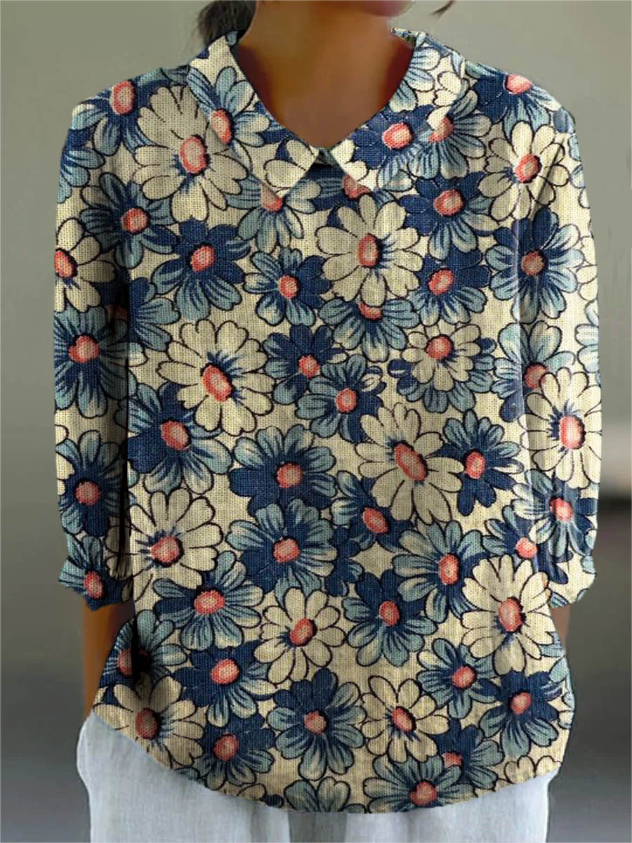 Women's Vintage Lovely Floral Art Print Casual Cotton And Linen 3/4 Sleeve Shirt