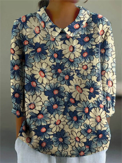 Women's Vintage Lovely Floral Art Print Casual Cotton And Linen 3/4 Sleeve Shirt