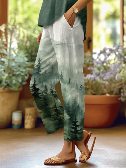 Women's Forest Plant Print Casual Pants (With Pockets)