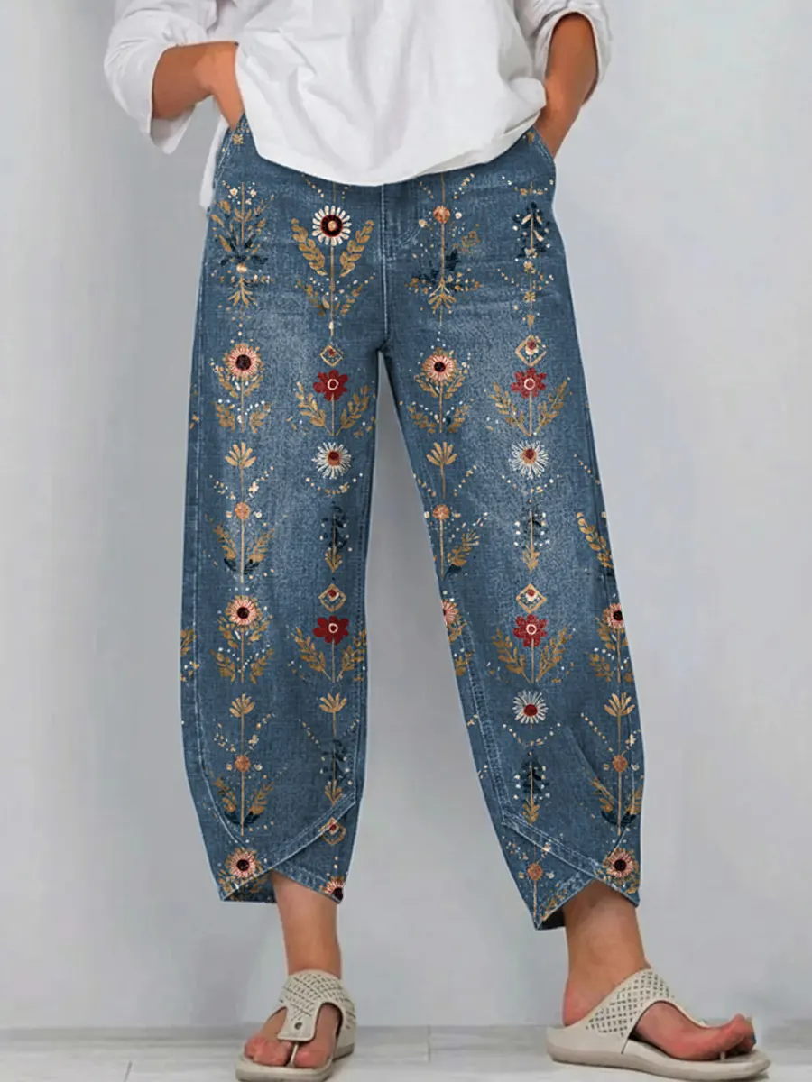 Women's Vintage Floral Art Print Jeans