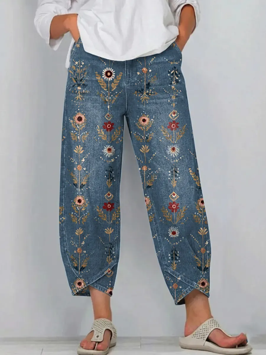 Women's Vintage Floral Art Print Jeans