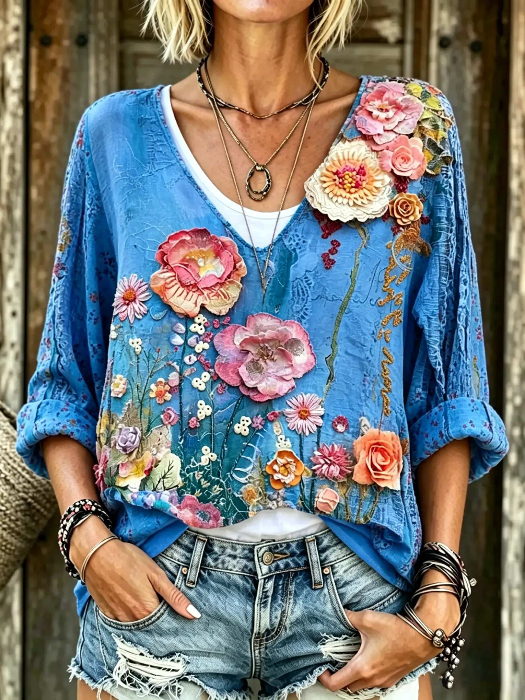 Women's  Floral Print V-Neck 3/4 Sleeve Blouse