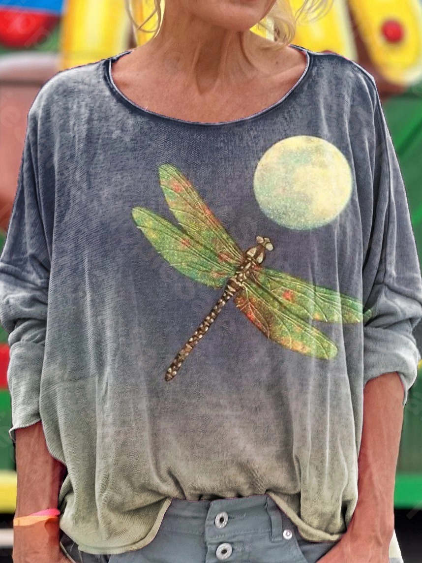 Women's Vintage Dragonfly Moon Art Print Casual Long Sleeve T-shirt