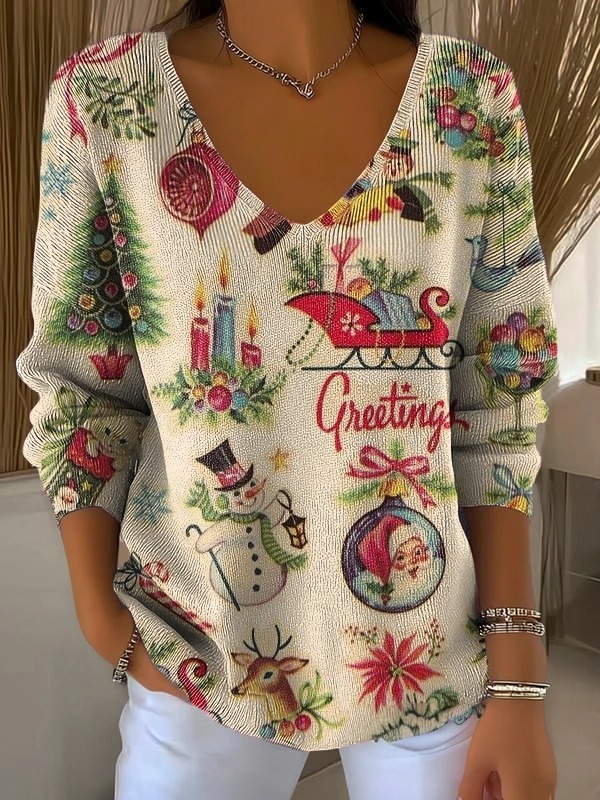 Women's Retro Nostalgic Christmas Art Pattern Print Casual V Neck Pull