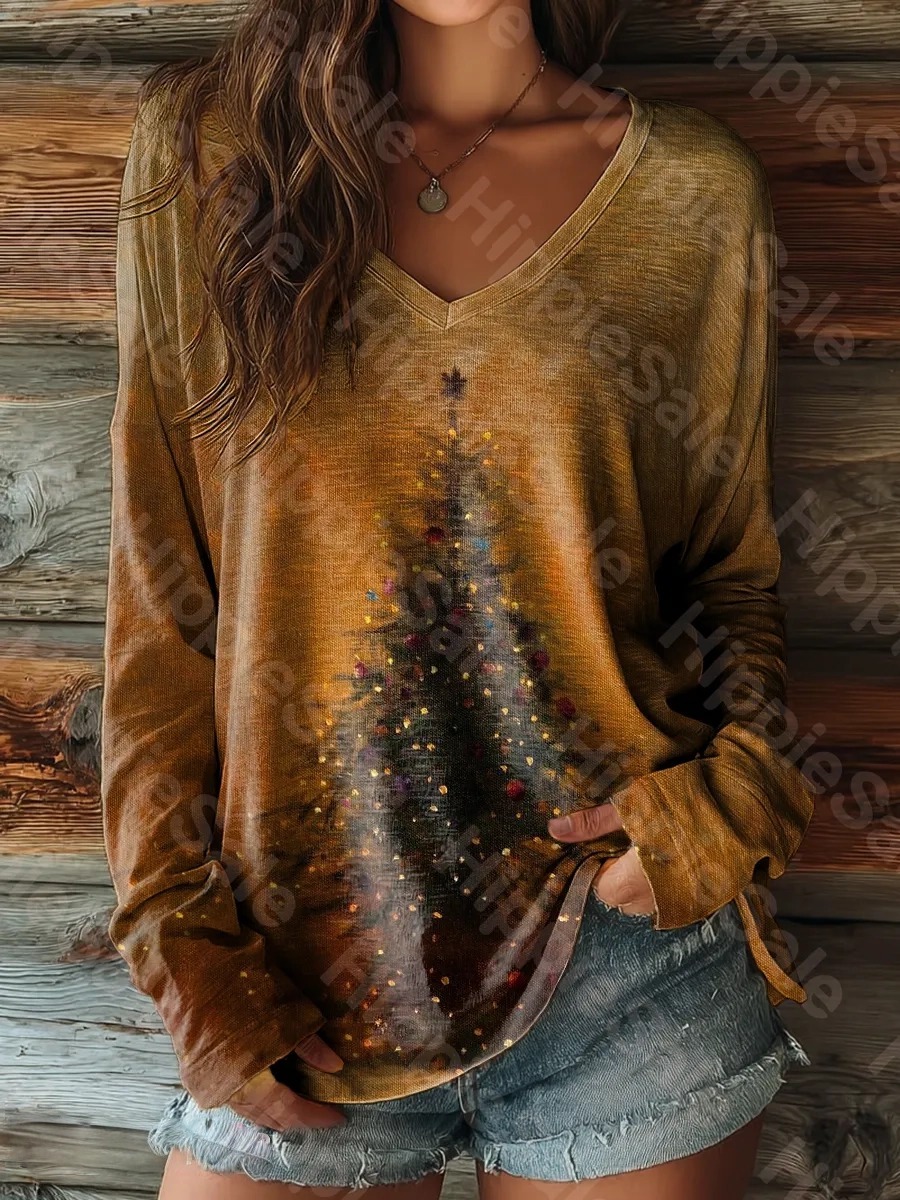 Women's Retro Christmas Tree Art Print Casual V-neck Long Sleeve T-shi