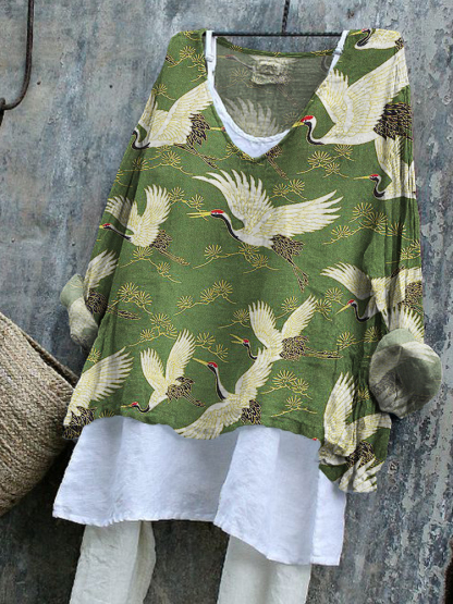 Cranes & Pine Trees Japanese Pattern Linen Blend Tunic