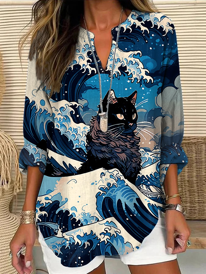 Women's Ukiyoe Cat Surfing Print Linen V-neck Shirt
