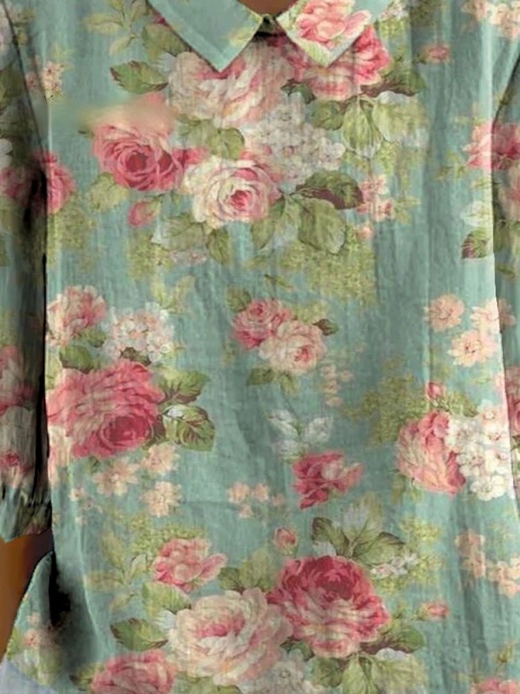 Women's Vintage Floral Art Print Casual Cotton And Linen 3/4 Sleeve Shirt