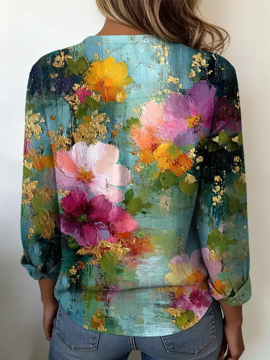 Women's Casual Fashion Retro Multicolor Floral Print Cotton Shirt