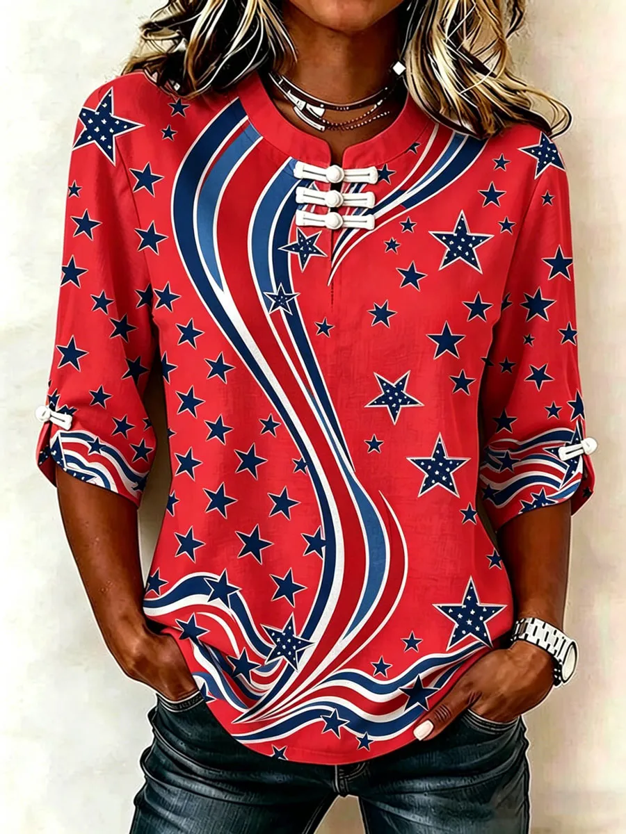 Women's Cotton Linen USA 250th Anniversary Print Shirt