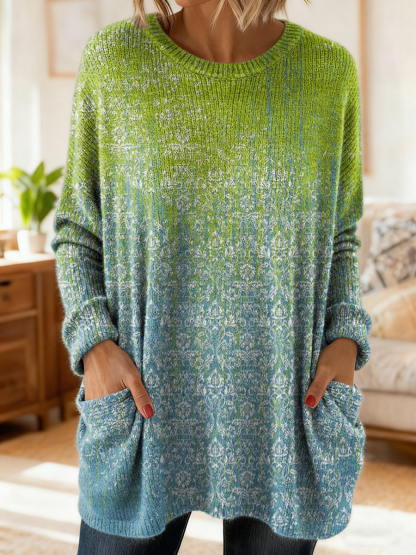 Women's Gradient Floral Texture Art Print Crew Neck Casual Long Sleeve Sweater